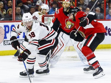 Ottawa Senators Tom Pyatt pursues Chicago Blackhawks Jonathan Toews during NHL action at the Canadian Tire Centre in Ottawa on January 9,2018. Errol McGihon/Postmedia