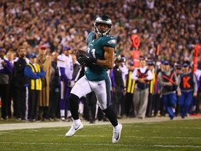 Eagles cornerback Patrick Robinson returns an interception for a touchdown during Sunday's game against the Minnesota Vikings. (GETTY IMAGES)