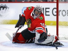 Jeff Glass makes a save in the Blackhawks' home game against the Vegas Golden Knights in Chicago last Friday.