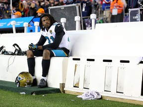 Jalen Myrick of the Jacksonville Jaguars reacts during the AFC Championship Game against the New England Patriots at Gillette Stadium on Jan. 21, 2018