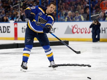 Brayden Schenn of the St Louis Blues competes in the passing challenge.