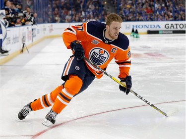 Connor McDavid of the Edmonton Oilers competes in the fastest-skater event. To the surprise of nobody, McDavid won the event.