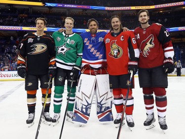 It's a handful of NHL all-stars from Sweden at the skills competition on Saturday night, including, left to right: Rickard Rakell of the Anaheim Ducks, John Klingberg of the Dallas Stars, Henrik Lundqvist of the New York Rangers, Erik Karlsson of the Ottawa Senators and Oliver Ekman-Larsson of the Arizona Coyotes.