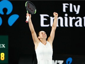 Gabriela Dabrowski of Canada celebrates winning mtach point in the mixed doubles final with Mate Pavic of Croatia against Rohan Bopanna of India and Timea Babos of Hungary on day 14 of the 2018 Australian Open at Melbourne Park on January 28, 2018 in Melbourne, Australia.