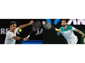 (COMBO) This combination of file pictures created on January 27, 2018, shows Switzerland's Roger Federer (L) as he hits a return against South Korea's Chung Hyeon during their men's singles semi-finals match on day 12 of the Australian Open tennis tournament in Melbourne on January 26, 2018 and Croatia's Marin Cilic as he plays a forehand return to Britain's Kyle Edmund during their men's singles semi-finals match on day 11 of the Australian Open tennis tournament in Melbourne on January 25, 2018. Only Marin Cilic stands between Roger Federer and a 20th Grand Slam title as an injury-ravaged Australian Open staggers to its final at Melbourne Park on January 28, 2018. The 36-year-old Swiss marvel continues to defy the years and attrition rate to reach his 30th Grand Slam decider and a shot at his sixth Australian crown while his long-time rivals have fallen by the wayside.