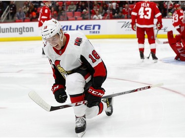 The Ottawa Senators' Ryan Dzingel celebrates his goal against the Red Wings during the third period on Wednesday, Jan. 3, 2018, in Detroit.