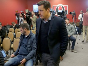 Head coach Guy Boucher talks to the media after Ottawa Senators practice at Canadian Tire Centre on Jan. 9, 2018