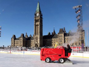 A Zamboni grooms the surface on the Canada 150 rink on Parliament Hill.