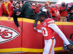 Kansas City Chiefs wide receiver Tyreek Hill takes leave of fans following an NFL football game against the Miami Dolphins on Dec. 24, 2017