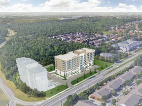 A rendering from Claridge Homes' application to build a hotel and retirement home at the southwest corner of Hunt Club Road and the Airport Parkway. Source: City of Ottawa planning report