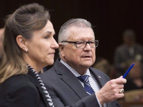 Communications Security Establishment Chief Greta Bossenmaier speaks with Public Safety Minister Ralph Goodale as they wait to appear before the Standing Committee on Public Safety and National Security, in Ottawa on Thursday, November 30, 2017.