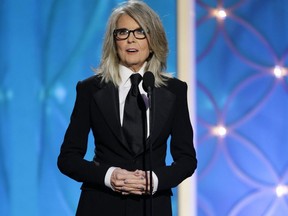 This image released by NBC shows Diane Keaton accepting the Cecil B. DeMille award on behalf of Woody Allen during the Golden Globe Awards at the Beverly Hilton Hotel on Jan. 12, 2014, in Beverly Hills, Calif.