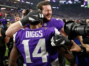 Stefon Diggs of the Minnesota Vikings celebrates with teammates after defeating the New Orleans Saints in the NFC Divisional Playoff game at U.S. Bank Stadium on January 14, 2018 in Minneapolis. (Jamie Squire/Getty Images)
