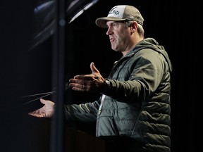 Philadelphia Eagles head coach Doug Pederson answers questions during a media availability for the NFL Super Bowl 52 football game Tuesday, Jan. 30, 2018, in Minneapolis. (AP Photo/Eric Gay)