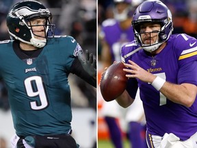 Eagles quarterback Nick Foles (left) and Vikings quarterback Case Keenum (right) face each other on Sunday night in the NFC Championship game in Philadelphia.