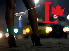 In this stock photo, a prostitute stands on a street waiting for a customer with the Liberal Party of Canada logo and heroin superimposed.
