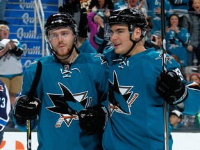 Based on number of games scheduled this coming week, Sharks' Chris Tierney (left) and Timo Meier might be worth adding off the waiver wire. (Photo by Don Smith/NHLI via Getty Images)