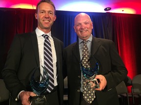 Rideau View's Matt Robinson (Teacher of the Year) and Golf Centre's Kevin Haime (Junior Leader of the Year) were presented with awards at a PGA of Canada reception Thursday at the PGA Merchandise Show in Orlando. (Tim Baines/Ottawa Sun)