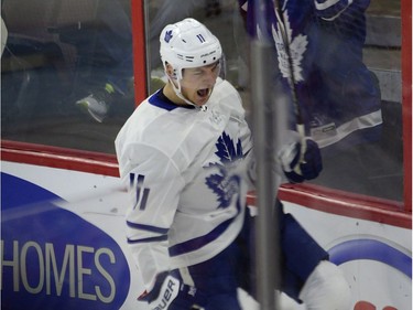Toronto Maple Leafs centre Zach Hyman (11) reacts after scoring against the Ottawa Senators during the first period.