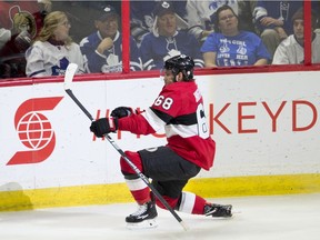Senators winger Mike Hoffman celebrates a second-period goal against the Maple Leafs last Saturday. Hoffman's name has been front and centre in trade speculation involving Senators players.