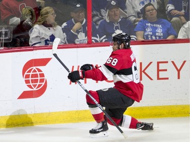 The Ottawa Senators' Mike Hoffman celebrates his goal during the second period against the Toronto Maple Leafs on Saturday, Jan. 20, 2018 at the CTC.