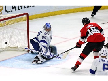 Ottawa Senators left-winger Zack Smith (15) scores on Tampa Bay Lightning goaltender Andrei Vasilevskiy.