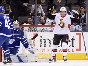 Senators left-winger Mike Hoffman celebrates after scoring his 11th goal of the season against the Maple Leafs on Wednesday night.