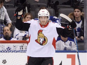 Winger Mike Hoffman celebrates his goal against the Maple Leafs in the Senators' last game before their eight-day break.