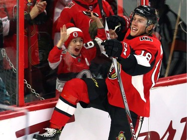 The Ottawa Senators' Ryan Dzingel celebrates his goal against the San Jose Sharks during the first period.