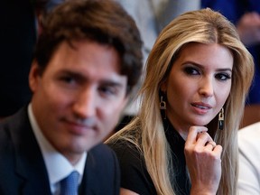 In this Monday, Feb. 13, 2017, file photo, Prime Minister Justin Trudeau and Ivanka Trump listen during a meeting with women business leaders in the Cabinet Room of the White House in Washington. (AP Photo/Evan Vucci, File)