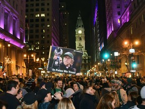 Crowds of Philadelphia Eagles fans celebrate at Broad and Walnut Streets as the Eagles won the NFC Championship game over the Minnesota Vikings on Sunday, January 21, 2018 at Lincoln Financial Field in Philadelphia, Pa.