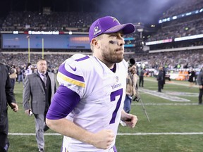 Quarterback Case Keenum leaves the field after the Minnesota Vikings were pounded by the Philadelphia Eagles in the NFC Championship on Sunday. (Getty Images)