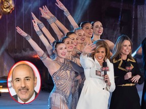 In this Nov. 29, 2017, file photo, Savannah Guthrie, right, and Hoda Kotb appear with the Rockettes during the 85th annual Rockefeller Center Christmas Tree lighting ceremony in New York. Kotb will replace Matt Lauer (inset) as co-anchor of the "Today" show. (Charles Sykes/Invision/AP, File/Nathan Congleton/NBC via AP)