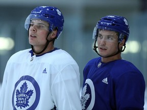 Auston Matthews and Tyler Bozak during Leafs practice at the Mastercard Centre in Toronto on Tuesday January 9, 2018. Dave Abel/Toronto Sun/Postmedia Network