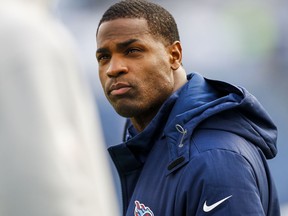 Running back DeMarco Murray of the Tennessee Titans looks on as the team warms up before facing the Jacksonville Jaguars on Dec. 31, 2017