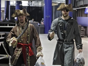 Ottawa Senators captain Erik Karlsson, left, and injured Tampa Bay Lightning defenceman Victor Hedman, a fellow Swede, are dressed as pirates as they arrive for the Saturday night skills competition at NHL All-Star Game festivities in Tampa.