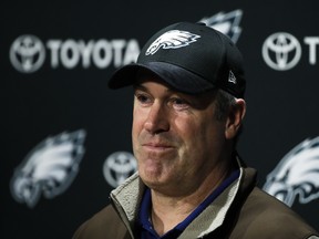 Philadelphia Eagles head coach Doug Pederson speaks with the media during a news conference Monday. (The Associated Press)