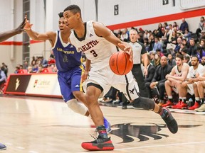 Carleton guard Marcus Anderson did an exceptional job of containing Laurentian star Kadre Gray as the Ravens pulled out a win over the Voyageurs. (Valerie Wutti photo)