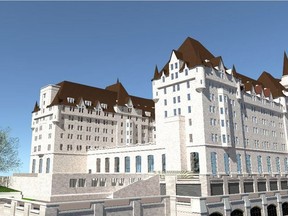 An architectural rendering shows the retained portion of walls, bottom left, following a partial demolition of the Château Laurier garage.