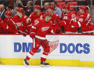 Detroit Red Wings left wing Andreas Athanasiou (72) celebrates his goal against the Ottawa Senators in the first period of an NHL hockey game Wednesday, Jan. 3, 2018, in Detroit.