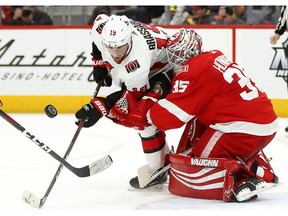 The Senators require more production out of centre Derick Brassard, seen being thwarted on a scoring attempt by Red Wings goalie Jimmy Howard in Detroit on Wednesday, Jan. 3, 2018.