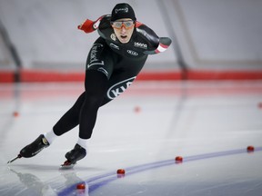 Ivanie Blondin, of Ontario, skates during the women's 3000-metre race at the Olympic Speed Skating selections trials in Calgary, Alta., Thursday, Jan. 4, 2018.