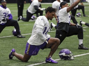 Vikings wide receiver Stefon Diggs stretches during practice Friday, Jan. 19, 2018, in Eden Prairie, Minn., in preparation for the upcoming NFC Championship game against the Eagles in Philadelphia.