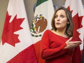 Minister of Foreign Affairs Chrystia Freeland poses for a photo before holding a bilateral meeting with Mexico's Secretary of Economy Ildefonso Guajardo Villarreal in Toronto on Monday, January 22, 2018.