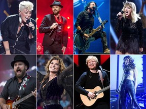Clockwise from top left: Pink; Justin Timberlake; Dave Grohl; Taylor Swift; Lorde; Ed Sheeran; Shania Twain; and Zac Brown.