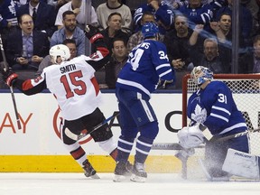 When last we saw forward Zack Smith (15) and his Senators teammates on the ice, they were celebrating a victory against the Maple Leafs in their last game before an eight-day break in the schedule.