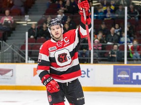67's captain Travis Barron celebrates after scoring a goal against the Petes in the first period of Saturday's game. Valerie Wutti/Blitzen Photography/OSEG