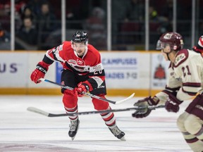 Recently acquired from the Mississauga Steelheads, Ottawa 67's forward Jacob Cascagnette (26) skates up the ice during an Ontario Hockey League game against the Peterborough Petes in Ottawa on Saturday, Jan. 6, 2018. Valerie Wutti/Blitzen Photography/OSEG
