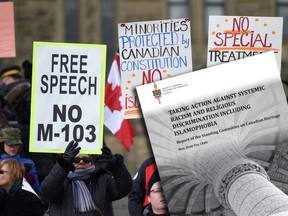 Protesters rally over motion M-103, the Liberal anti-Islamophobia motion, on Parliament Hill in Ottawa on March 21, 2017.