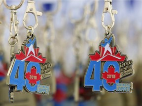 Medals celebrating the 40th edition of the Gatineau Loppet hang at the finish line on Saturday. Patrick Doyle/Postmedia